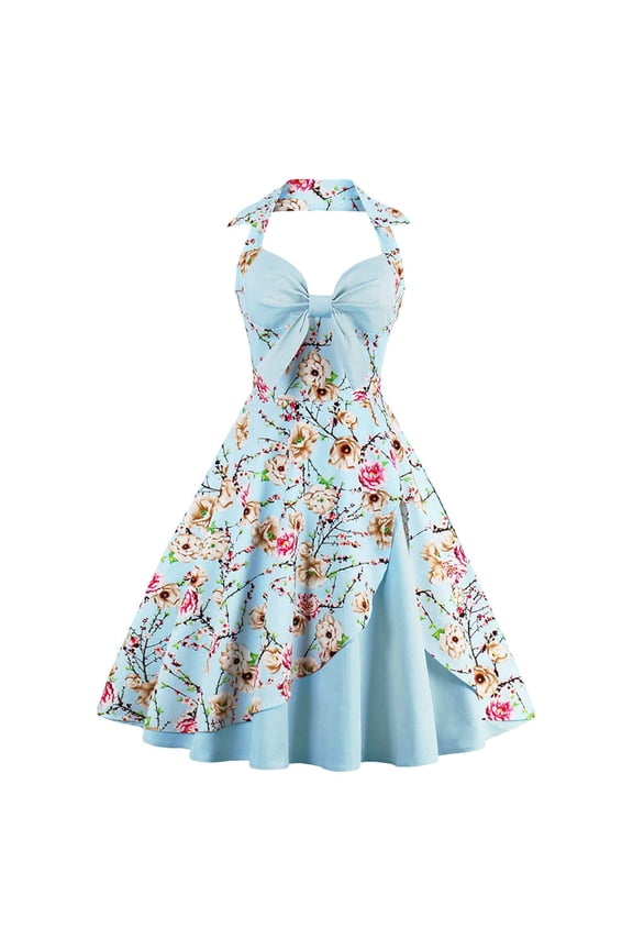 Womens 1950s Vintage Rockabilly Princess Pageant Prom Dress Floral Halter Swing Wedding Evening Party Gown L Sky Blue