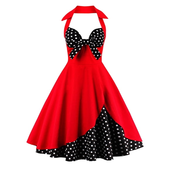 IBTOM CASTLE Womens 1950s Vintage Rockabilly Princess Pageant Prom Dress Floral Halter Swing Wedding Evening Party Gown S Red+Black