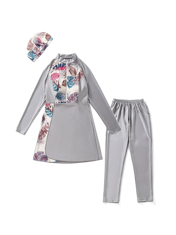 Womens Burkini Swimsuits Muslim Modest Swimwear Islamic Full Body Swimming Top Pants Hijab Long Sleeve Rash Guard L Gray