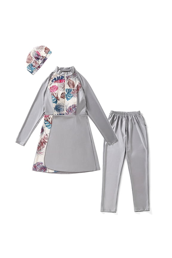Womens Burkini Swimsuits Muslim Modest Swimwear Islamic Full Body Swimming Top Pants Hijab Long Sleeve Rash Guard L Gray