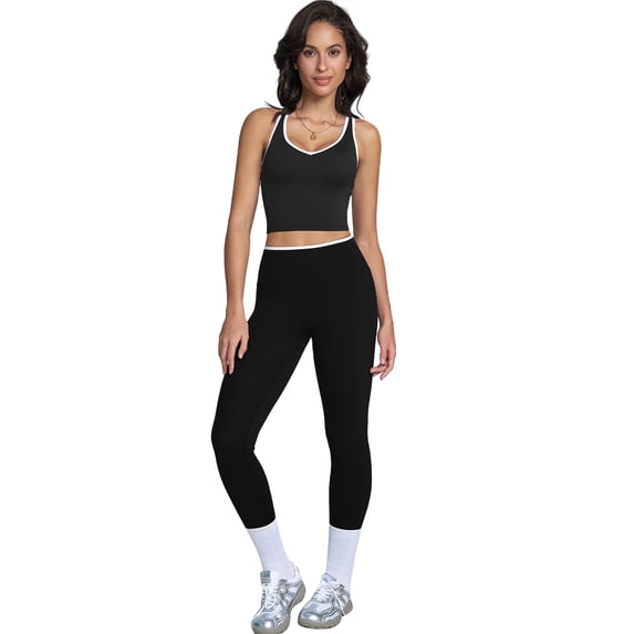 IBTOM CASTLE Womens Color Block Workout Sets Racerback Tank Top High Waist Leggings Gym Set Yoga Pilates Outfits M Black