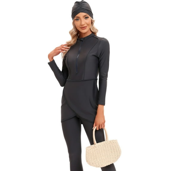 IBTOM CASTLE Womens Muslim Islamic Long Sleeve Burkini Swimsuits Swimwear Modest Hijab Top+Pants Rashguard Full Cover Floral Bathing Suit 2XL Gray