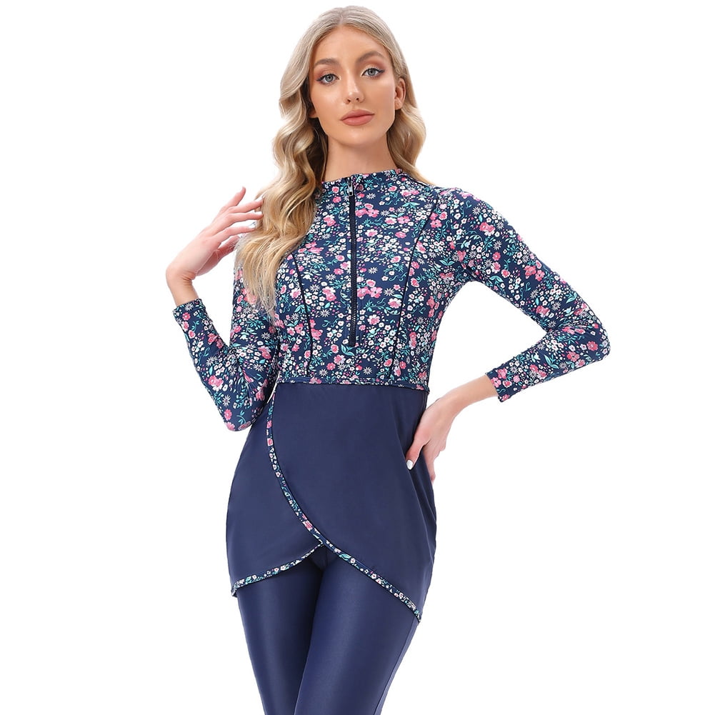 WOWDECOR Muslim Women’s Modest Burkini Swimsuit – Long Sleeve, Zipper Front, Printed 3-Piece Set (Polyamide)