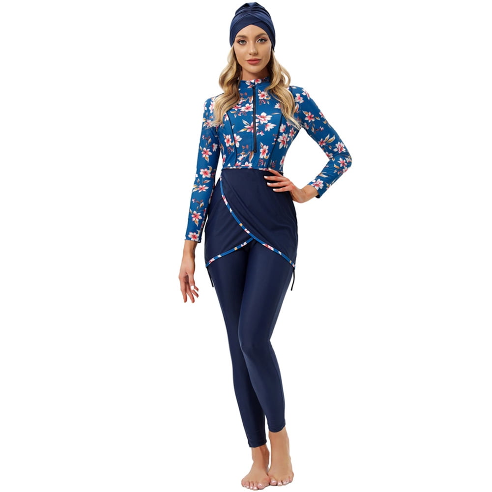 IBTOM CASTLE Women s Islamic Burkini Swim Set Hijab Top Pants Full Cover Floral Suit L Black Blue Walmart