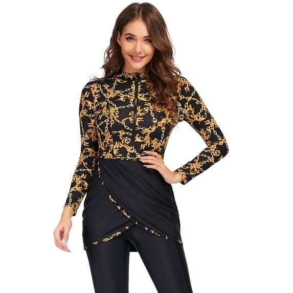 IBTOM CASTLE Womens Muslim Islamic Long Sleeve Burkini Swimsuits Swimwear Modest Hijab Top+Pants Rashguard Full Cover Floral Bathing Suit M Black + Gold Floral