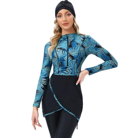 IBTOM CASTLE Womens Muslim Islamic Long Sleeve Burkini Swimsuits Swimwear Modest Hijab Top+Pants Rashguard Full Cover Floral Bathing Suit S Blue - Palmetto Leaf