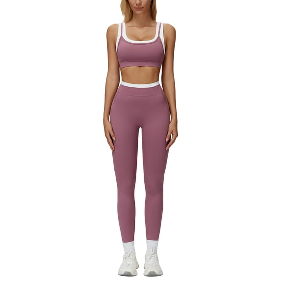 IBTOM CASTLE Womens Two Piece Workout Sets Double Layer Sports Bra Matching Tummy Control High Wait Leggings Active Gym Outfit Purple