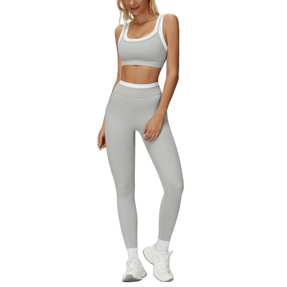 IBTOM CASTLE Womens Two Piece Workout Sets Double Layer Sports Bra Matching Tummy Control High Wait Leggings Active Gym Outfit S Grey