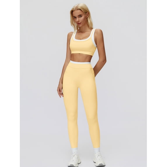 IBTOM CASTLE Womens Two Piece Workout Sets Double Layer Sports Bra Matching Tummy Control High Wait Leggings Active Gym Outfit Yellow