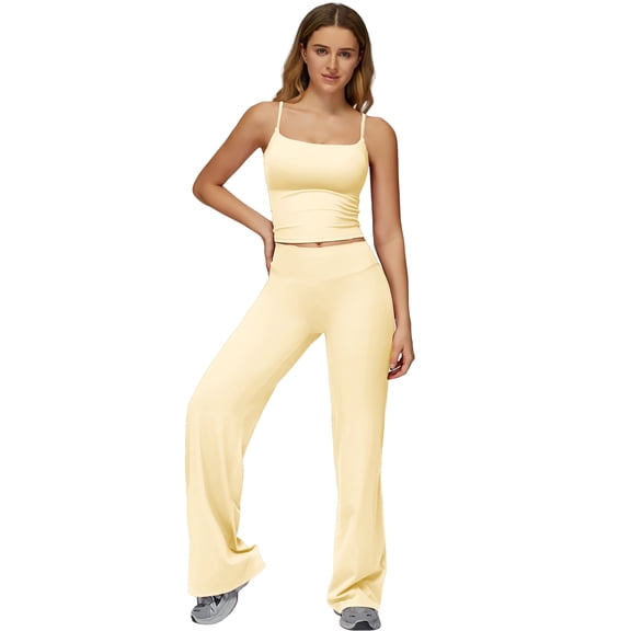 IBTOM CASTLE Womens Workout Sets 2 Piece Spaghetti Straps Crop Top Straight Leg Yoga Pants Yoga Pilates Active Outfits L Butter yellow