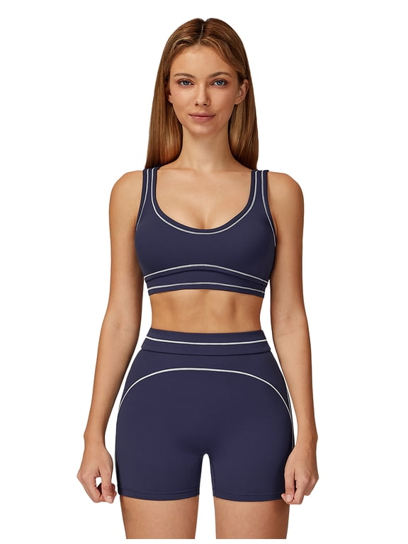 Womens Workout Sets Color Block Sports Bra Matching High Waist Shorts 2 Piece Gym Yoga Pilates Outfits Blue
