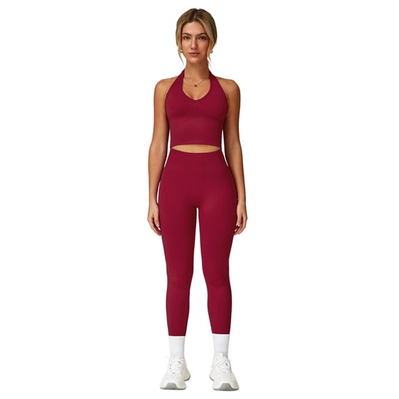 IBTOM CASTLE Workout Sets for Women 2 Piece Seamless Halter Tank Top Scrunch Butt Lifting High Waist Leggings Gym Sets Active Wear Cherry Red