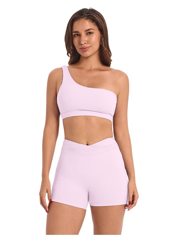 Workout Sets for Women 2 Piece Seamless High Waist Biker Shorts One Shoulder Sports Bra Gym Outfits with Pockets L Pink