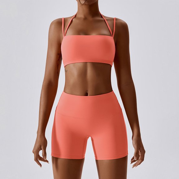 IBTOM CASTLE Workout Sets for Women 2 Piece Twist Front Halter Sports Bras High Waist Biker Shorts Exercise Gym Yoga Outfit L Orange