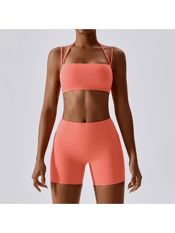 Workout Sets for Women 2 Piece Twist Front Halter Sports Bras High Waist Biker Shorts Exercise Gym Yoga Outfit L Orange