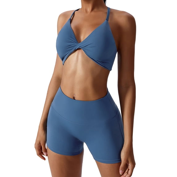IBTOM CASTLE Workout Sets for Women 2 Piece Twist Front Halter Sports Bras High Waist Biker Shorts Exercise Gym Yoga Outfit Navy Blue