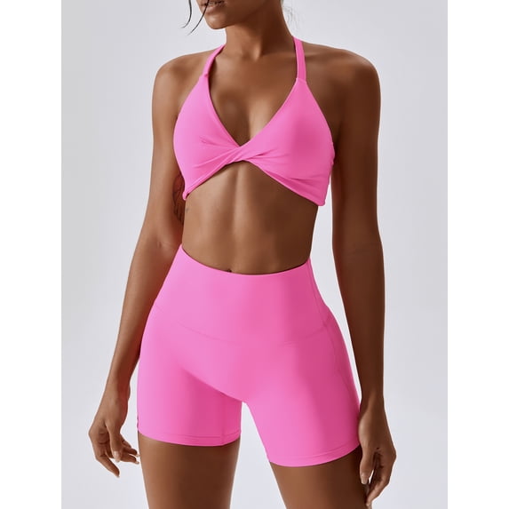 IBTOM CASTLE Workout Sets for Women 2 Piece Twist Front Halter Sports Bras High Waist Biker Shorts Exercise Gym Yoga Outfit Pink