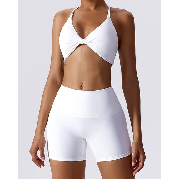 IBTOM CASTLE Workout Sets for Women 2 Piece Twist Front Halter Sports Bras High Waist Biker Shorts Exercise Gym Yoga Outfit White