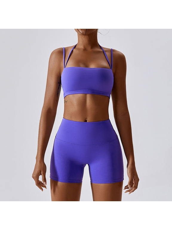 Workout Sets for Women 2 Piece Twist Front Halter Sports Bras High Waist Biker Shorts Exercise Gym Yoga Outfit Z-Purple