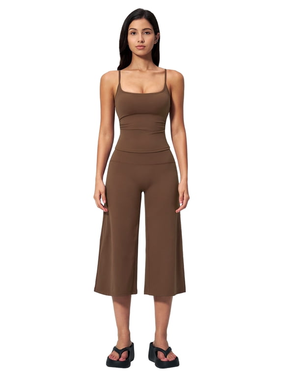 Workout Sets for Women Two Piece Halter Sports Bra Matching Wide Leg Capri Pants Gym Work Yoga Pilates Outfits Brown