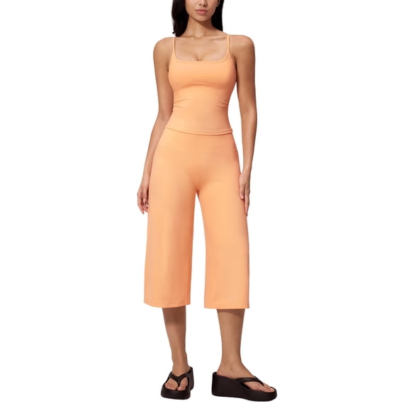 IBTOM CASTLE Workout Sets for Women Two Piece Halter Sports Bra Matching Wide Leg Capri Pants Gym Work Yoga Pilates Outfits Orange