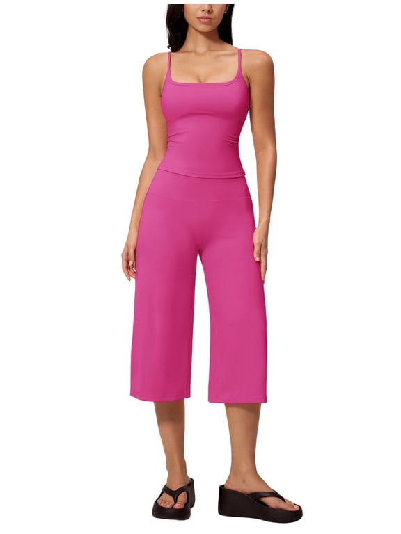 Workout Sets for Women Two Piece Halter Sports Bra Matching Wide Leg Capri Pants Gym Work Yoga Pilates Outfits Pink