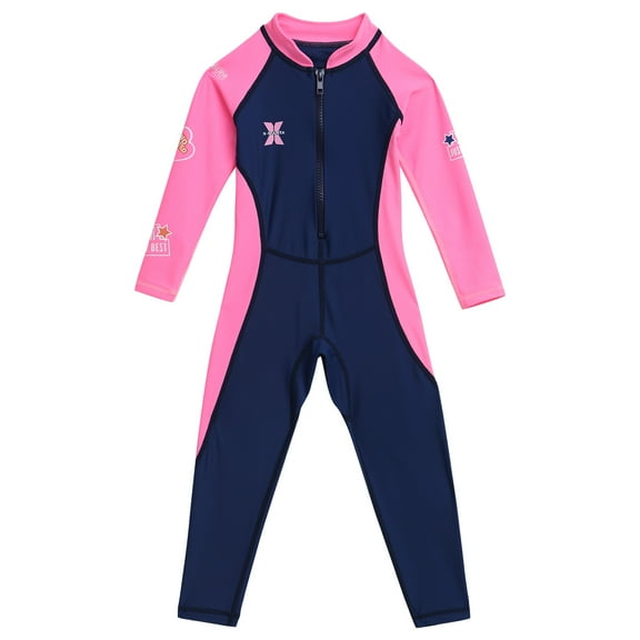IBTOM CASTLE Kids Girls Full Wetsuit Rash Guard Swimwear Long Sleeve Zippper One Piece Swimsuit Summer Bathing Suit 7-8 Years Dark Blue