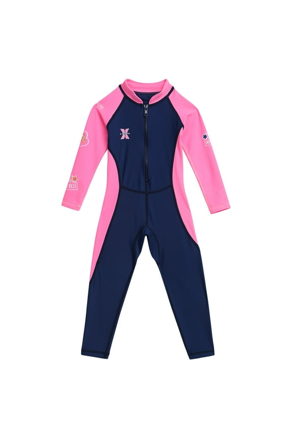 Kids Girls Full Wetsuit Rash Guard Swimwear Long Sleeve Zippper One Piece Swimsuit Summer Bathing Suit 7-8 Years Dark Blue
