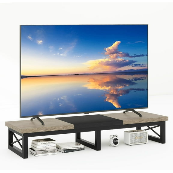 45" Large TV Riser for 32-60 inch TV,Tabletop Short TV Stand with Storage and Steel Legs,Dual Screen Office Desk,Stand Riser,TV Riser Stand for Home,Bedroom,Living Room,Greige Black