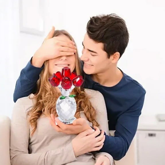 IBaodan 7 Pcs Glass Rose Mini Crystal Flower Artificial Flowers Wedding Party Gift Home Ornament Office Desktop Decoration (Red)