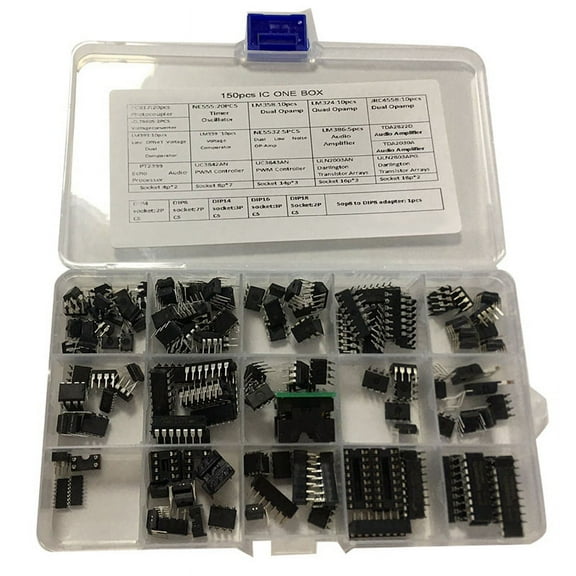 IC Chip Assortment 150Pcs,Opamp,Oscillator,Pwm,PC817,NE555,LM358,LM324, JRC4558,LM393,LM339,NE5532 Incl. Sockets,black