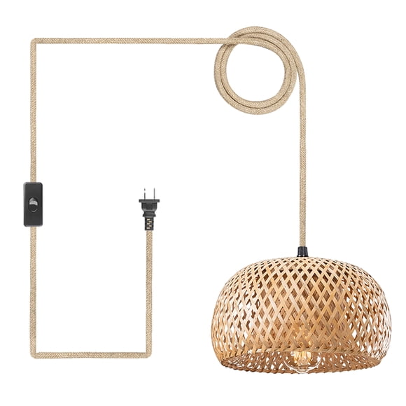 IC Farmhouse Plug in Pendant Light Fixture, E26 Bamboo Lampshade Rattan Round Cage Hanging Ceiling Lamp with Hemp Rope Cord for Home Decor Living Room Bedroom Kitchen Bar