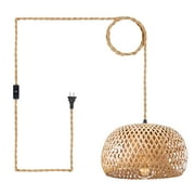 IC Farmhouse Plug in Pendant Light Fixture, E26 Bamboo Lampshade Rattan Round Cage Hanging Ceiling Lamp with Hemp Rope Cord for Home Decor Living Room Bedroom Kitchen Bar