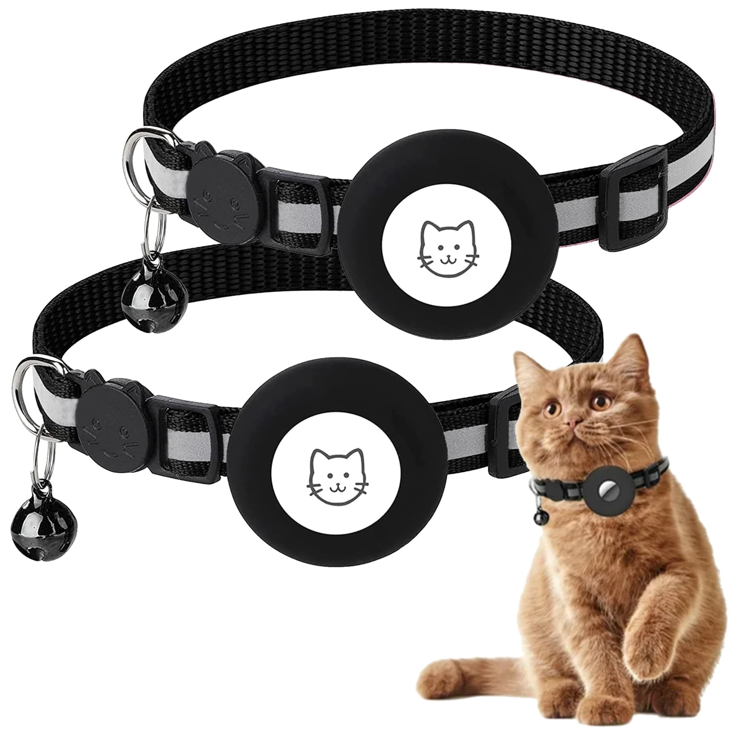IC ICLOVER 2 Pack Breakaway Airtag Cat Collar Reflective Kitten Strap with Air Tag Case and Bell for Cat Kitten and Extra Small Dog Pink Black