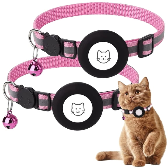 IC ICLOVER 2 Pack Breakaway Airtag Cat Collar, Reflective Kitten Strap with Air Tag Case and Bell for Cat Kitten and Extra Small Dog, Pink