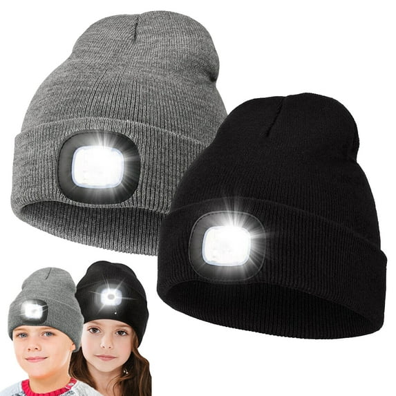 IC ICLOVER 2 Pack LED Lighted Beanie for Kids, Winter Warm Knitted Hat, Rechargeable Headlamp Cap for Outdoors, Gift for Children - Black+Gray