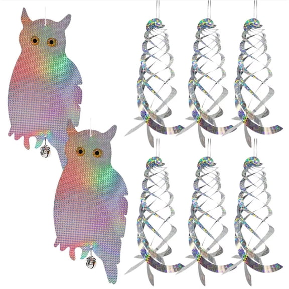 IC ICLOVER 2 Pack Reflective Bird Repellent Scare Owl with Bells + 6 Pack Reflective Spiral Reflectors, Easy To Hang & Birds Away from Your Garden, Windows & Yard