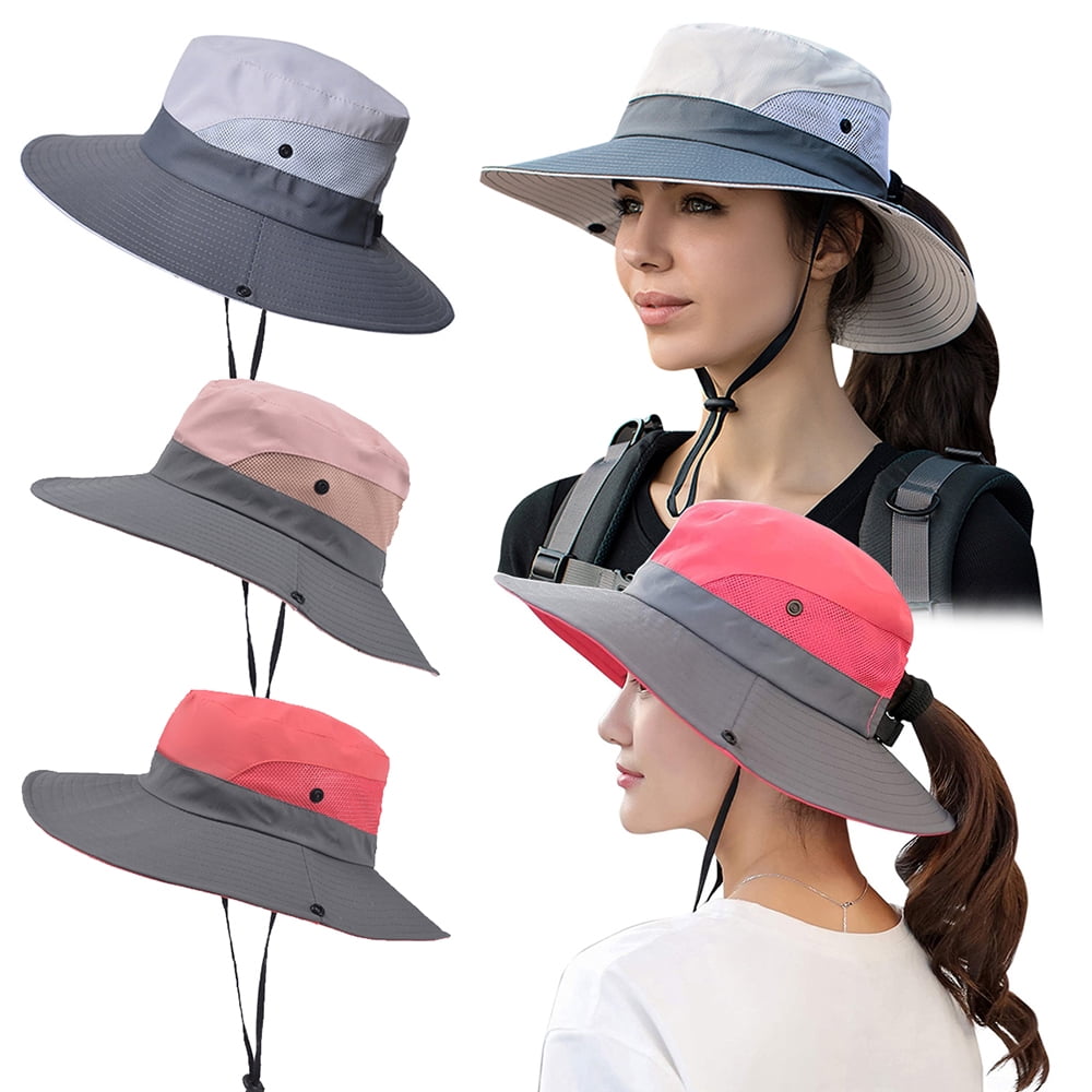 IC ICLOVER 2 Pack Women Summer Sun Hat Wide Brim Outdoor UV Protection Hat  Foldable Ponytail Bucket Cap for Beach Travel Hiking Gardening with  Adjustable Chin Strap, Watermelon Red & Pink 