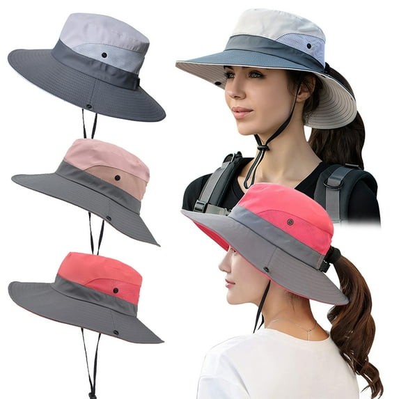 IC ICLOVER 2 Pack Women Summer Sun Hat Wide Brim Outdoor UV Protection Hat Foldable Ponytail Bucket Cap for Beach Travel Hiking Gardening with Adjustable Chin Strap, Pink