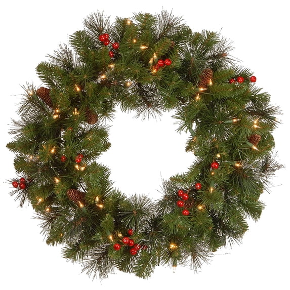 IC ICLOVER 24'' Pre-Lit Christmas Wreath with 50 LED Lights & Red Berries - Pre-Lit Lighted Christmas Door Wreaths Decorations for Window Front Door Wall Décor