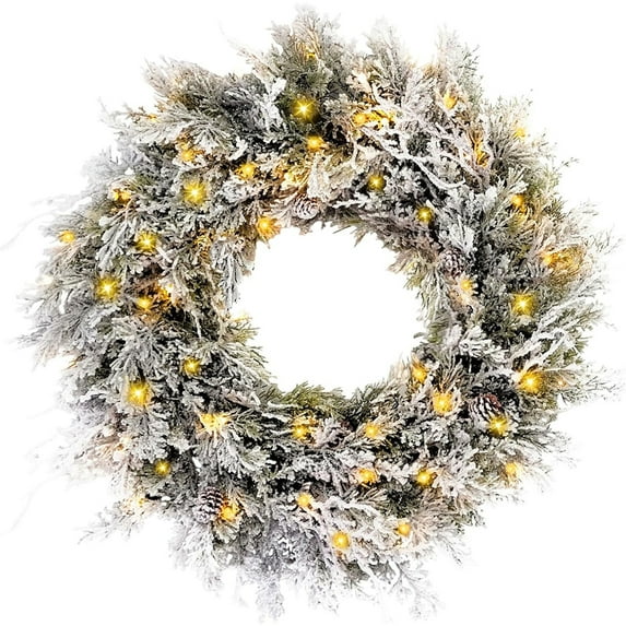 IC ICLOVER 24" Pre-Lit Snow Flocked Christmas Wreath with 50 LED Lights & Pine Cones, Christmas Garland Wreaths Decorations for Window Front Door Wall Décor