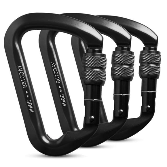 IC ICLOVER [3 Pack] 30Kn/3000Kg Aluminum Locking Rock Climbing Carabiner D Shape Screwgate Carabiner Hook Screw Lock Carabiner Outdoor Sport Tools - Black