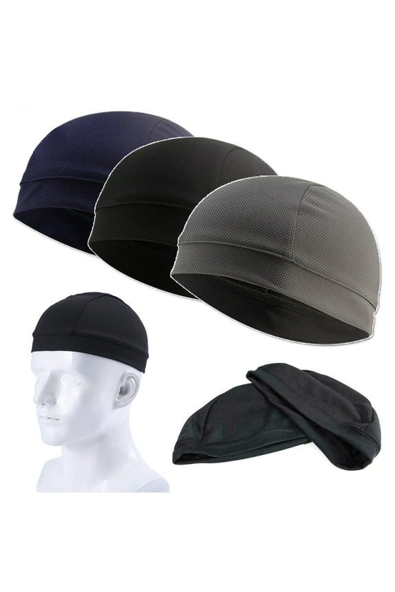 3 Pieces Men Women Under Helmet Liner Cap Outdoor Sport Cycling Bicycle Skull Hat, Windproof Thermal Riding Cap - Black/Gray/Blue