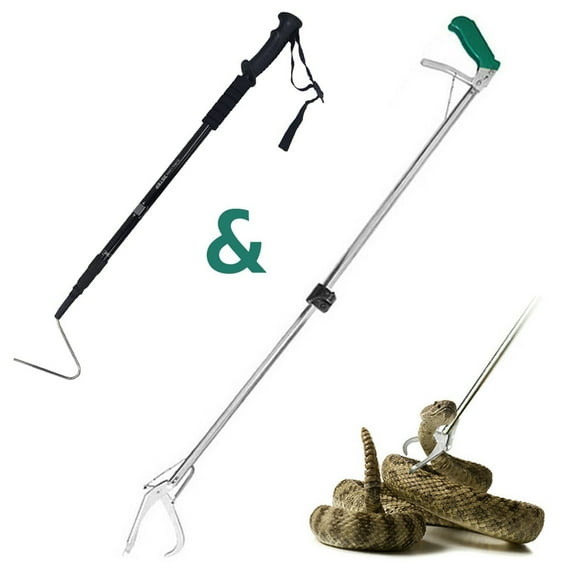 IC ICLOVER 47 Inch Extra Heavy Duty Snake Tongs Professional Collapsible Reptile Snake Grabber with 57 Inch Foldable Snake Hook Rattle Snake Catcher Wide Jaw Handling Tool - Stainless Steel