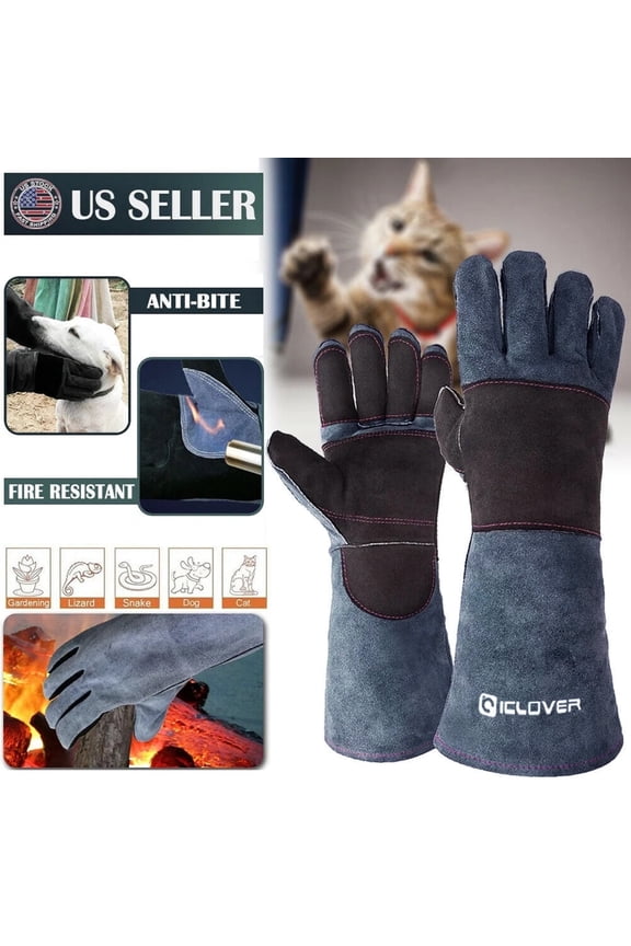 Animal Handling Gloves Bite Proof Kevlar Reinforced Leather Padding Dog, Cat Scratch, Bird Handling Falcon Gloves Grabbing, Reptile Squirrel Snake Bite 16in Gray-Black