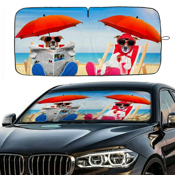 IC ICLOVER Auto Car Jumbo Sunshade Foldable Windshield Sun Shade Visor with Vacation Dog Pattern Design (59"x33") for Heat Block Wind Shield Screen UV Rays Full Protection, Trucks SUVs Vans