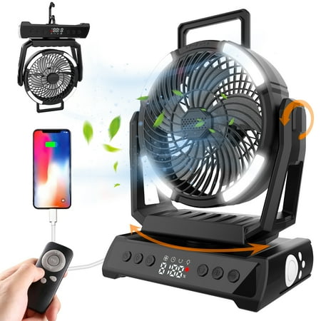 IC ICLOVER Camping Fan with LED Lantern Light, Rechargeable 20000mAh Battery Operated Portable Fan, Auto Oscillation Remote Control Timer Desk Fan for Tent, Travel, BBQ, Fishing, Black