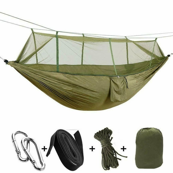 IC ICLOVER Camping Hammock with Mosquito Net & Tree Straps Lightweight Parachute Fabric Travel Bed for Hiking, Backpacking, Backyard - Army Green