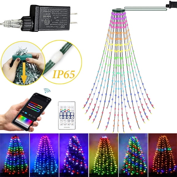 IC ICLOVER Christmas Tree String Lights Decorations with Ring Smart APP, 400 LED Waterfall Lights IP65 Waterproof Multi-Modes with Remote Color Changing Lights for Wedding Yard Party Home Holiday