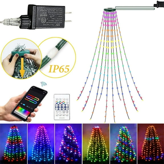 IC ICLOVER Christmas Tree String Lights Decorations with Ring Smart APP, 200 LED Waterfall Lights IP65 Waterproof Multi-Modes with Remote Color Changing Lights for Wedding Yard Party Home Holiday